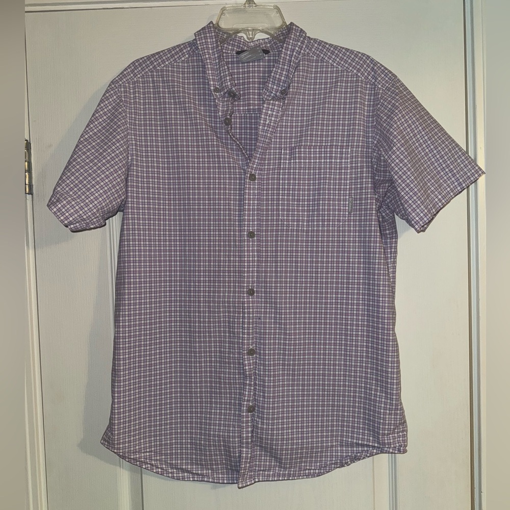 ❤️2 for 10 Columbia purple & white plaid checker short sleeve button up shirt